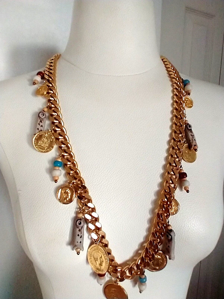 Vintage CADORO Statement Necklace Modernist Chunky Chain Coin Charms D5