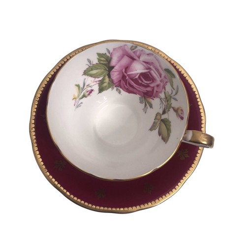 Aynsley Cabbage Rose Tea Cup & Saucer Fleur De Lis Burgundy Red Gold Gilt Trim - Picture 3 of 13