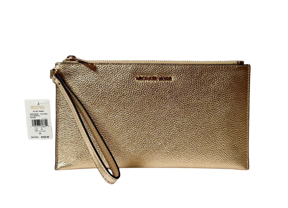 MICHAEL KORS JET SET TRAVEL LARGE CLUTCH LEATHER WRISTLET PALE 