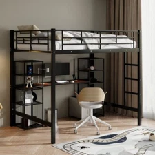 Full Size Loft Bed with Desk Metal Loft Bed with Storage Shelves Loft Bunk Beds