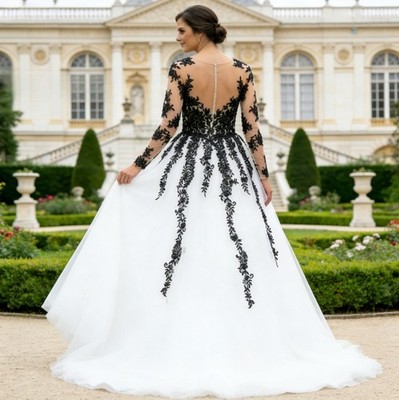 black and white tulle dress Ivory Tulle Dress Black Lace Appliqué Wedding Gown A-Line Custom Color / Floor Length / US12 main image 0