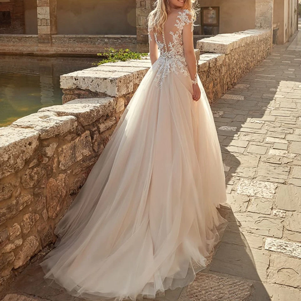 Traumhaftes Floral Brautkleid Hochzeitskleid Maßanfertigung 32-60 Langarm Knöpfe - Bild 2 von 4