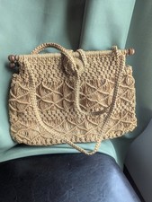 Vintage Macrame and Wood Handmade Handbag Purse Lined Hippie BOHO 11 Inches Wide