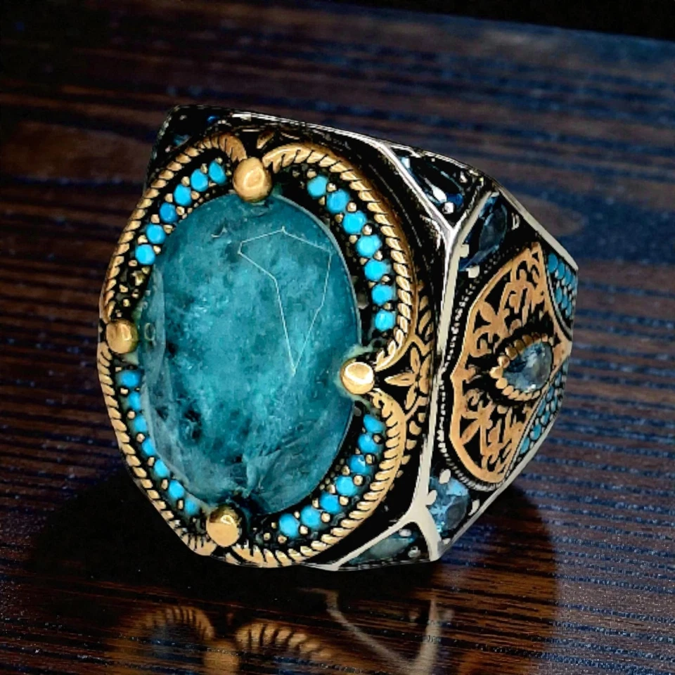 Anel turco feito à mão de jade, turquesa, latão e prata esterlina 0,925, tamanho 10,5. - Imagem 2 de 4
