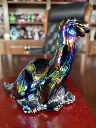 Wonderful Fenton Smoked Carnival Glass Dinosaur/Brontosaurus 3.5”.  Ex Condition