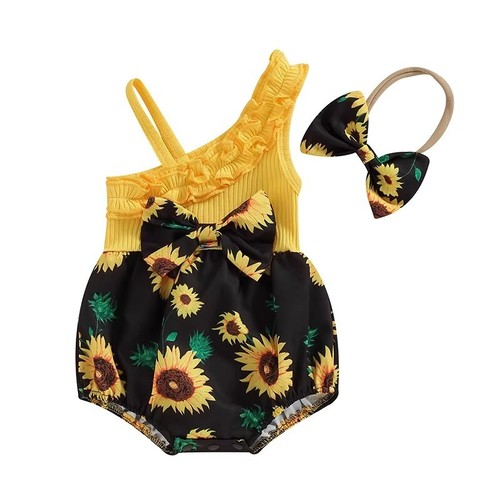 Baby Girl Summer Outfit Sunflower Romper & Bow Headband Set (152) - Picture 6 of 9