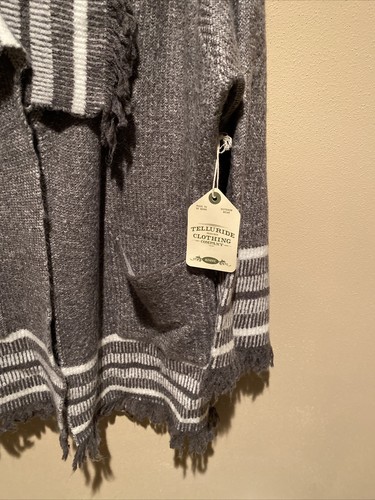 Telluride Clothing Shawl Collar Drape Front Cardigan Sweater Striped Fringe Gray - Picture 3 of 6