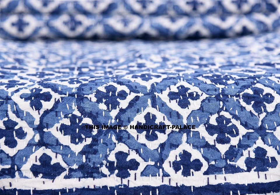 Zwilling Größe Kantha Bettbezug Indigo Blau Decke Hand Gesteppt Überwurf - Bild 3 von 4