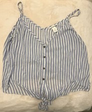 H M Spaghetti String Top Button Front With Tie Sz M Blue and White Striped