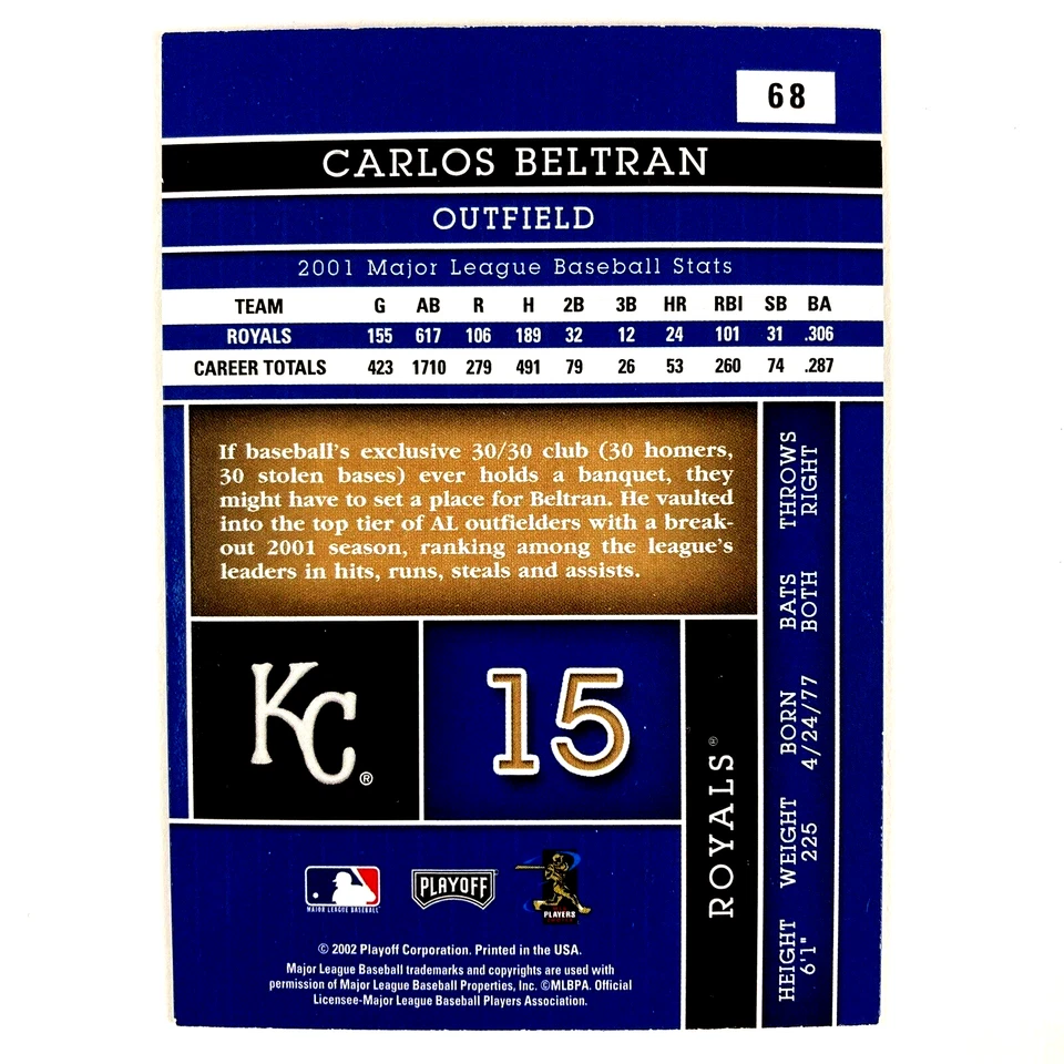 Carlos Beltran 2002 Playoff Absolute Memorabilia Card #68 MLB Kansas City Royals - Image 2 of 2