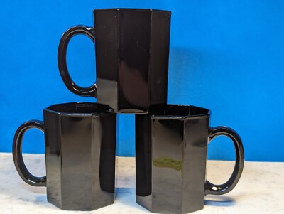 80's Set 3 Mugs Arcoroc France Black Glass Octagon OCTIME Mug Cup