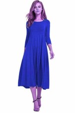Womens Ladies Plain Jersey Swing Dress Casual Long Sleeve Midi Dresses Skater