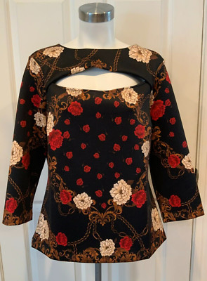 Alexia Admor Black W/ Red & Tan Floral & Chain Print Blouse, Size Large, NWT!