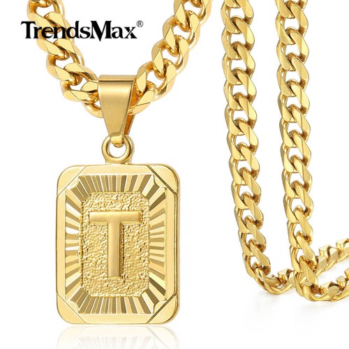 Initial Letter PENDANT Necklace 18/22" Yellow Gold Plated Curb Chain for Men Boy - Picture 32 of 38