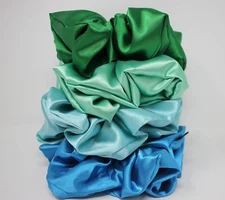 Satin XXL 9" Scrunchies, Turquoise, Aqua, Kelly Green, Aqua Green, Set of 4