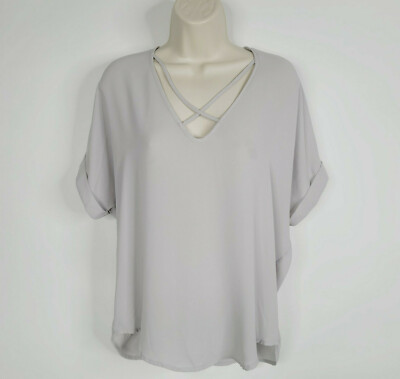 Lush Blouse Top Shirt Womens XS Gray Short Sleeve V Neck Flowy Relaxed Chiffon 