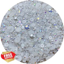 Flatback Pearls and Rhinestones 60g 3-10mm AB Color White Pearls