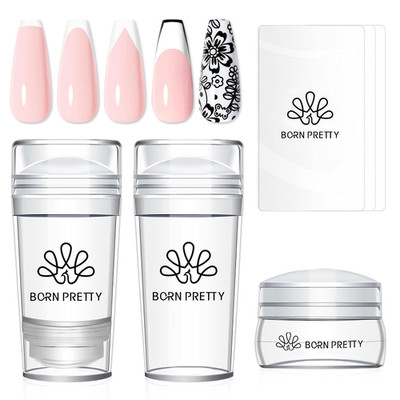 French Tip Nail Stamp, 6PCS Art Stamper with Scrapers, Silicone Stamping Long &