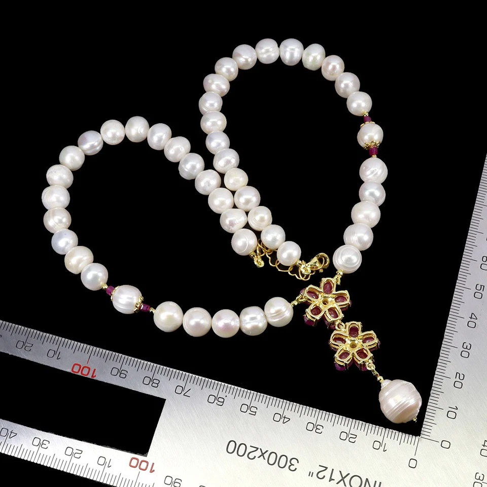 925 Sterling Silver Necklace Oval Ruby 7x5mm Pearl Natural Gemstone Jewelry 17.5 - Image 3 of 4