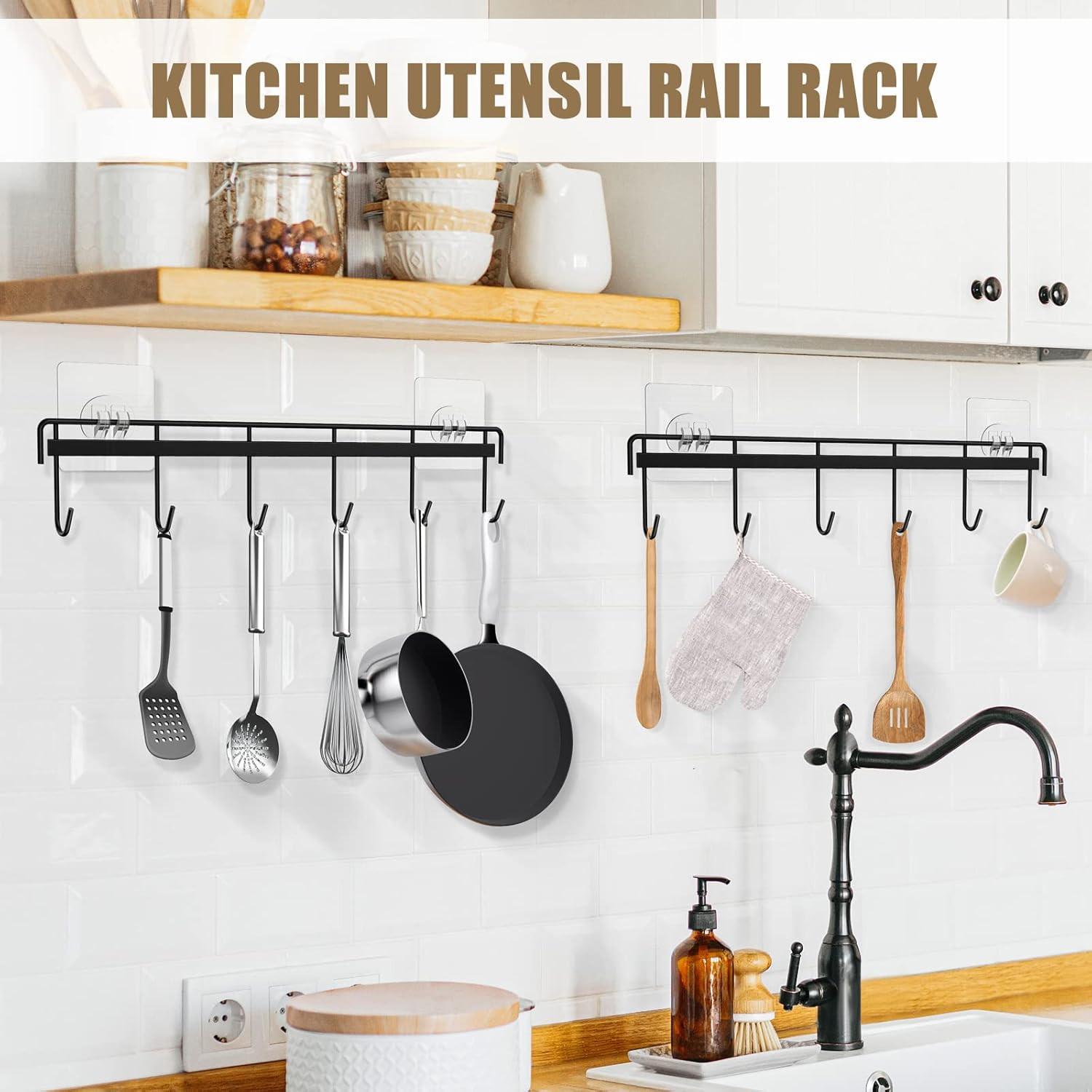 Kitchen Utensil Hanger, Adhesive Utensil Holder Wall Mount Kitchen Rack Rail wit