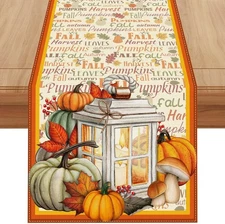 Linen Fall Table Runner - 72 Inch Farmhouse Leaves Pumpkin Table Decor Autumn Th