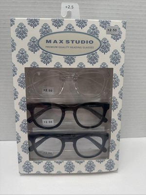 NIB +2.50 Box Set 3 Pairs Max Studio Reading Glasses Readers