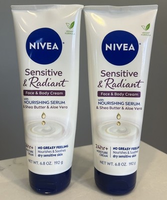 Nivea Sensitive & Radiant Face & Body Cream, 6.8oz, 2 Pack 24 Hr+ Moisture Cream