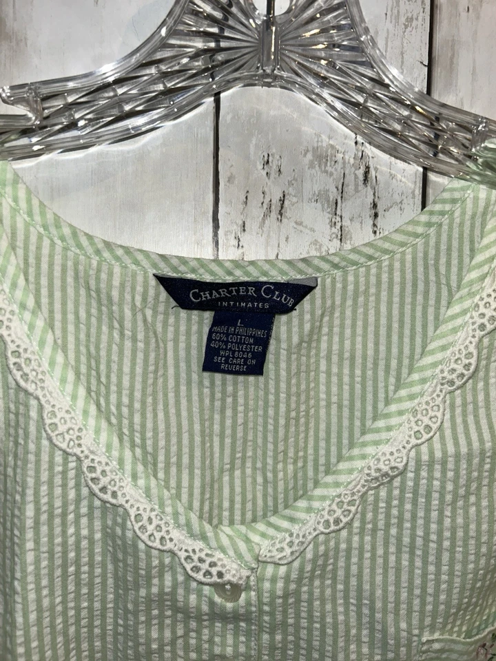 Charter Club Large Green Striped Seersucker Sleeveless Nightgown Lace Floral - Image 4 of 4