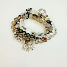 4 Layered Gemstone Stretch Bracelets Sterling Silver Elephant Charm Quartz