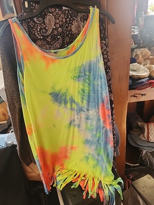 UNBRANDED WOMEN'S TIE DYE FRINGE DRESS UNIQUE AND FUN MEDIUM SEE MEASUREMENTS