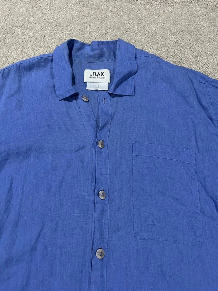 Flax Jeanne Engelhart Shirt Mens Medium Blue Linen Button Up Short Sleeve Casual - Image 2 of 4