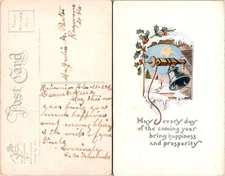 Vintage Christmas Bell Postcard with Snowy Decor and Holly - Unposted