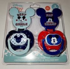 4 PACK DISNEY BABY MICKEY MOUSE "NAP CHAMP" ORTHODONTIC PACIFIER  HOLDER SET.