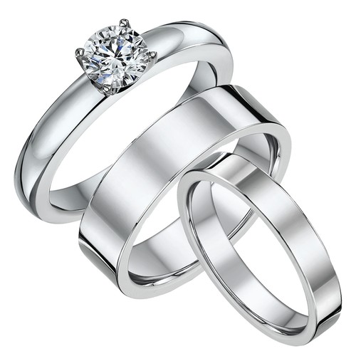 Titanium Engagement & His & Hers Flat Court 4&6mm Wedding Ring Bands - 第 1/4 張圖片