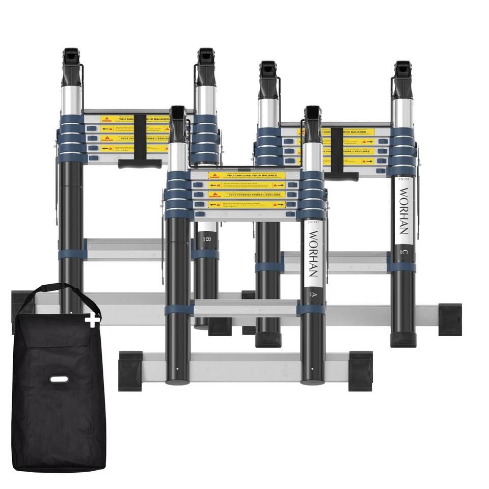 WORHAN® Echelle 3.8m Télescopique PRO 2en1 Alu Pliable Polyvalente Escabeau 380