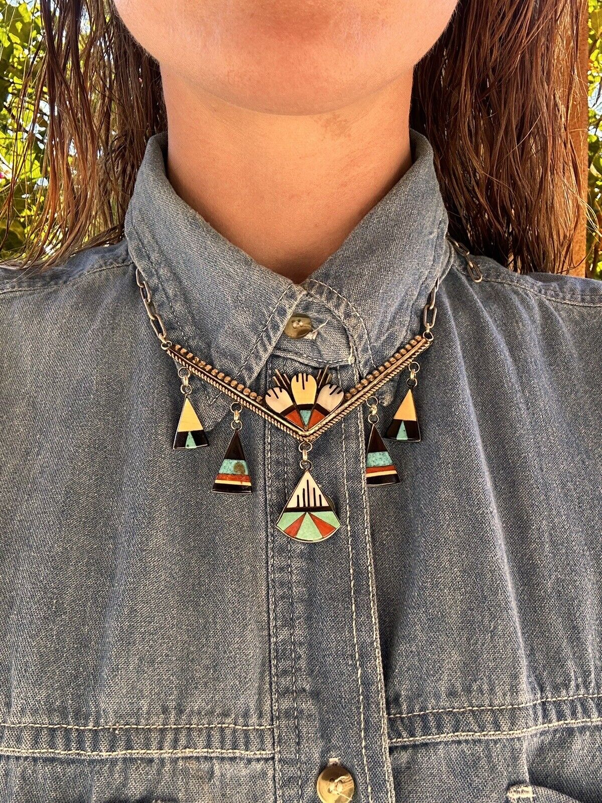 Antique Zuni STERLING Inlay  Native American Necklace