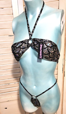 BODYSHOTZ 2pc Set Silver with O-Ring Bikini Top and O-Ring G-String Bottom