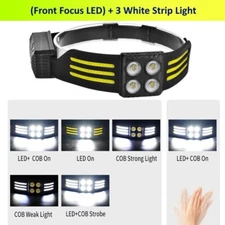 COB LED Headlamp USB Rechargeable Headlight Torch Work Light Bar Head Band Lamp