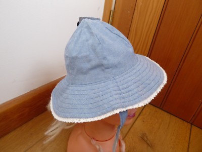 EARLY DAYS CHAMBRAY BLAU WEISS SPITZENRAND BABY SONNENHÜTE 0 3 6 M BAUMWOLLE KINNBAND