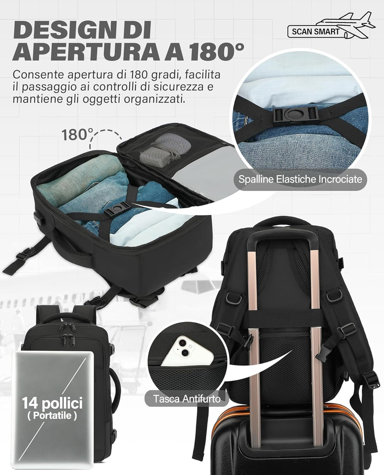CNMTCCO Zaino Da Viaggio Ryanair 40x20x25 Cm, 20L, Bagaglio A Mano Per Aereo, Con Tasca Antifurto, Porta Di Ricarica USB E Vano Per Laptop 14 Pollici, Nero - 3