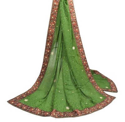 Sushila Vintage Henna Green Self Woven Dupatta Pure Chiffon Floral Long Stola