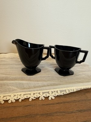 Vintage Art-Deco Ebony black onyx depression glass creamer and sugar set