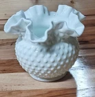 Vintage Large Fenton Milk Glass hobnail Ruffled Edge Vase