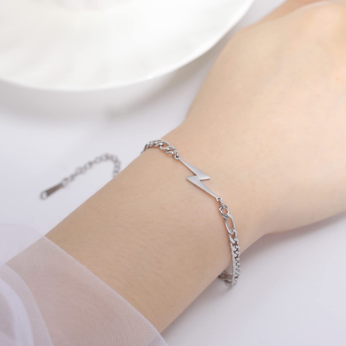 Lightning Bolt Bracelet For Men & Women - Stainless Steel Dainty Chain Bracelet With Thunder Charm, Adjustable