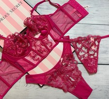 Victorias Secret Dream Angels Shimmer Hearts Lace Pink Corset Bra Top Thong Set