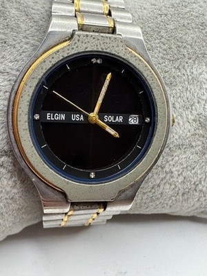 Men's ELGIN Diamond Solar Two Tone Date Watch WORKS