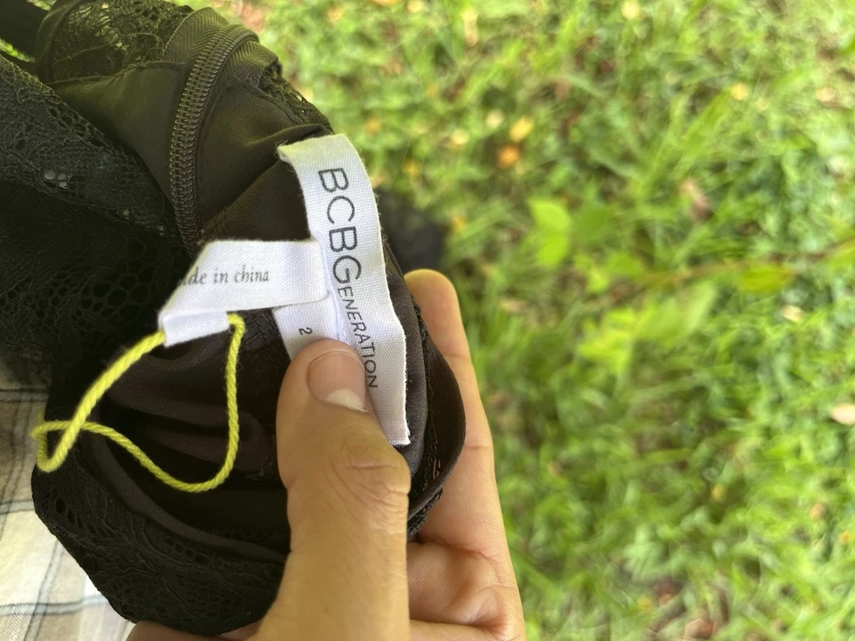 BCBG Black Lace Dress Sheer Long Sleeve Nylon Cut Out Goth Maxi Women’s 2 - Image 4 of 4