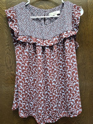 Ann Taylor Loft Women's Size M Blue And Brown Scroll Flutter Sleeve Blouse