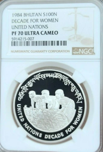 1984 BHUTAN SILVER 100 NGULTRUM DECADE FOR WOMEN NGC PF 70 ULTRA CAMEO PERFECT