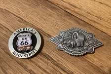 USA America magnets - America's Route 66, Oregon Trail, silver metal, lot of 2